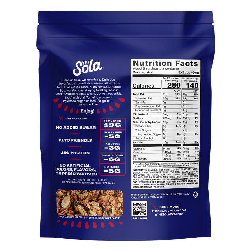 sola blueberry cinnamon keto protein granola back