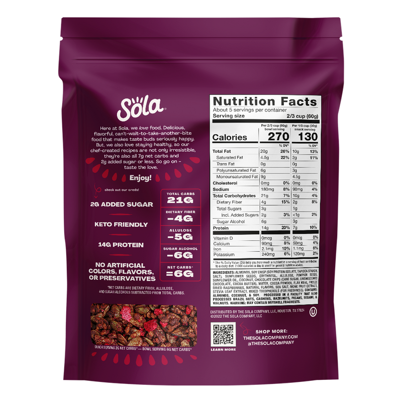 sola chocolate raspberry keto protein granola back