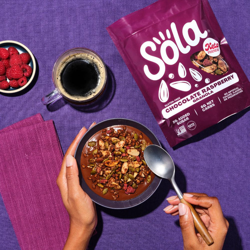 sola chocolate raspberry keto protein granola lifestyle