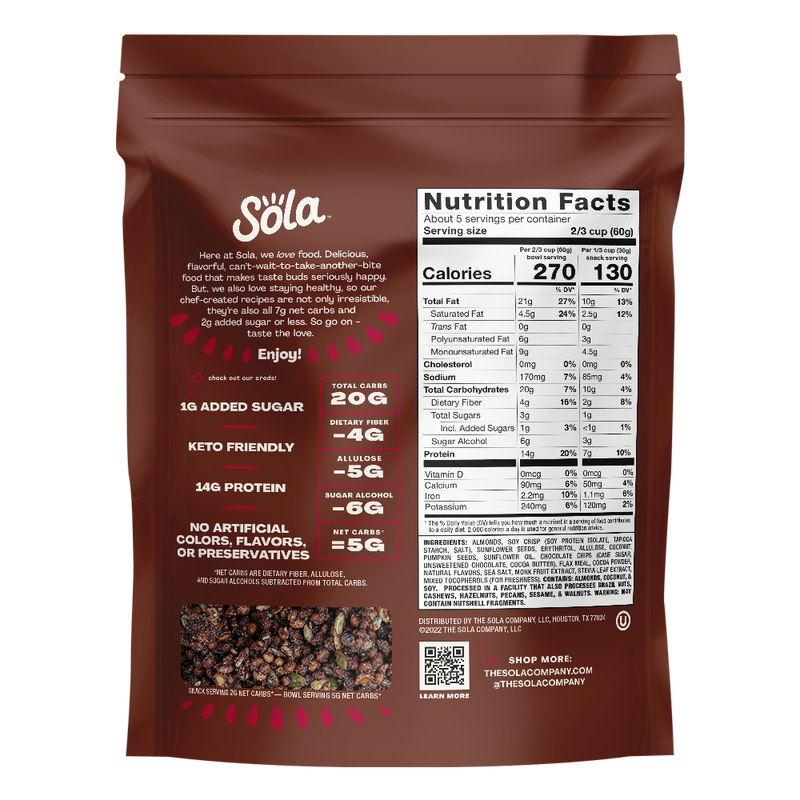 sola double chocolate keto protein granola back