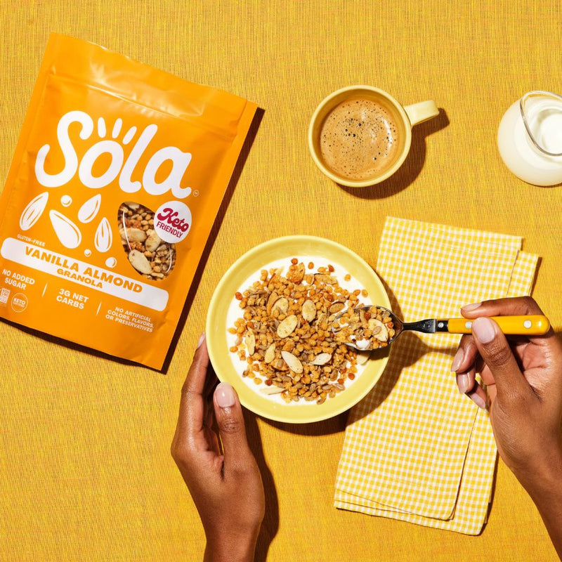 sola vanilla almond keto protein granola lifestyle